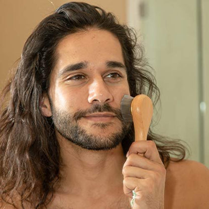 GranNaturals Manual Facial Cleansing Kabuki Brush – Wooden Handle Skin Cleanser & Scrubber for Deep Pore Cleaning, Acne Washing, Makeup & Face Mask Application – Men & Women (Tan, 1 Count)