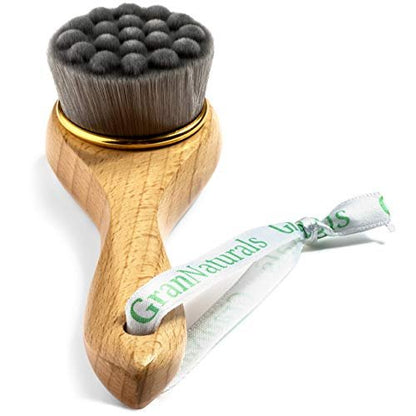 GranNaturals Manual Facial Cleansing Kabuki Brush – Wooden Handle Skin Cleanser & Scrubber for Deep Pore Cleaning, Acne Washing, Makeup & Face Mask Application – Men & Women (Tan, 1 Count)