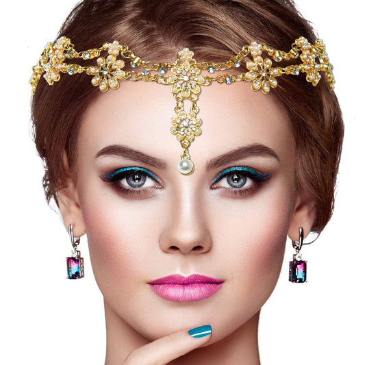 Gonioa Crystal Bohemian Head Chain – Rhinestone Forehead Chain Headpiece with Pearl Drop Pendant for Women
