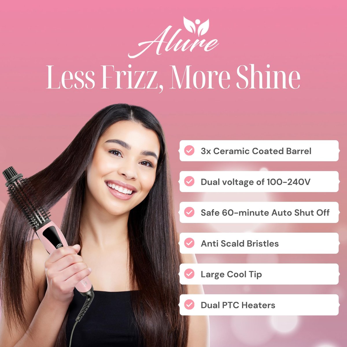 Alure Heated Styling Brush - 3-in-1 Ionic Hair Curler & Straightener with Anti-Scald Nylon Bristles for All Hair Types Avelisse