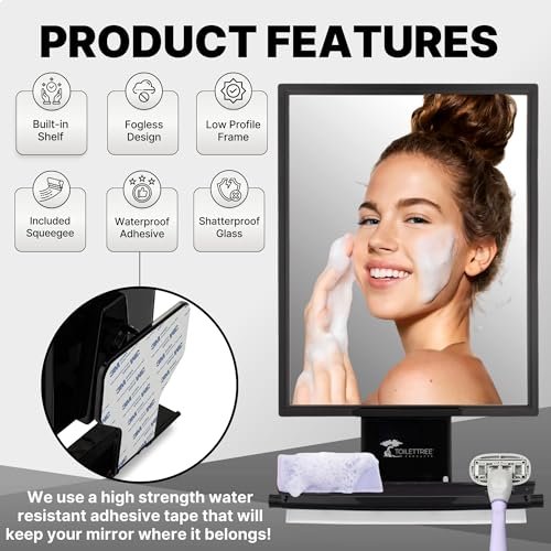 ToiletTree Products Fogless Shower Mirror - Anti-Fog Shaving Mirror with Squeegee - Rust-Proof, Impact-Resistant Bathroom Mirror - Black, 7.5" x 6.5" Avelisse