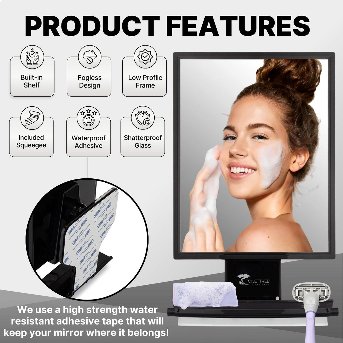 ToiletTree Products Fogless Shower Mirror - Anti-Fog Shaving Mirror with Squeegee - Rust-Proof, Impact-Resistant Bathroom Mirror - Black, 7.5" x 6.5" Avelisse