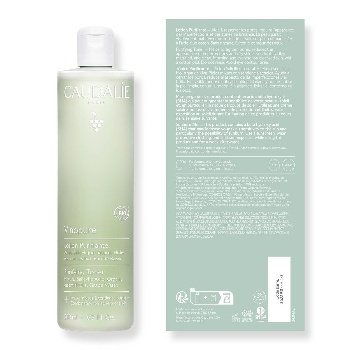 Caudalie Vinopure Natural Salicylic Acid Pore Minimizing Toner - 6.7 oz Avelisse