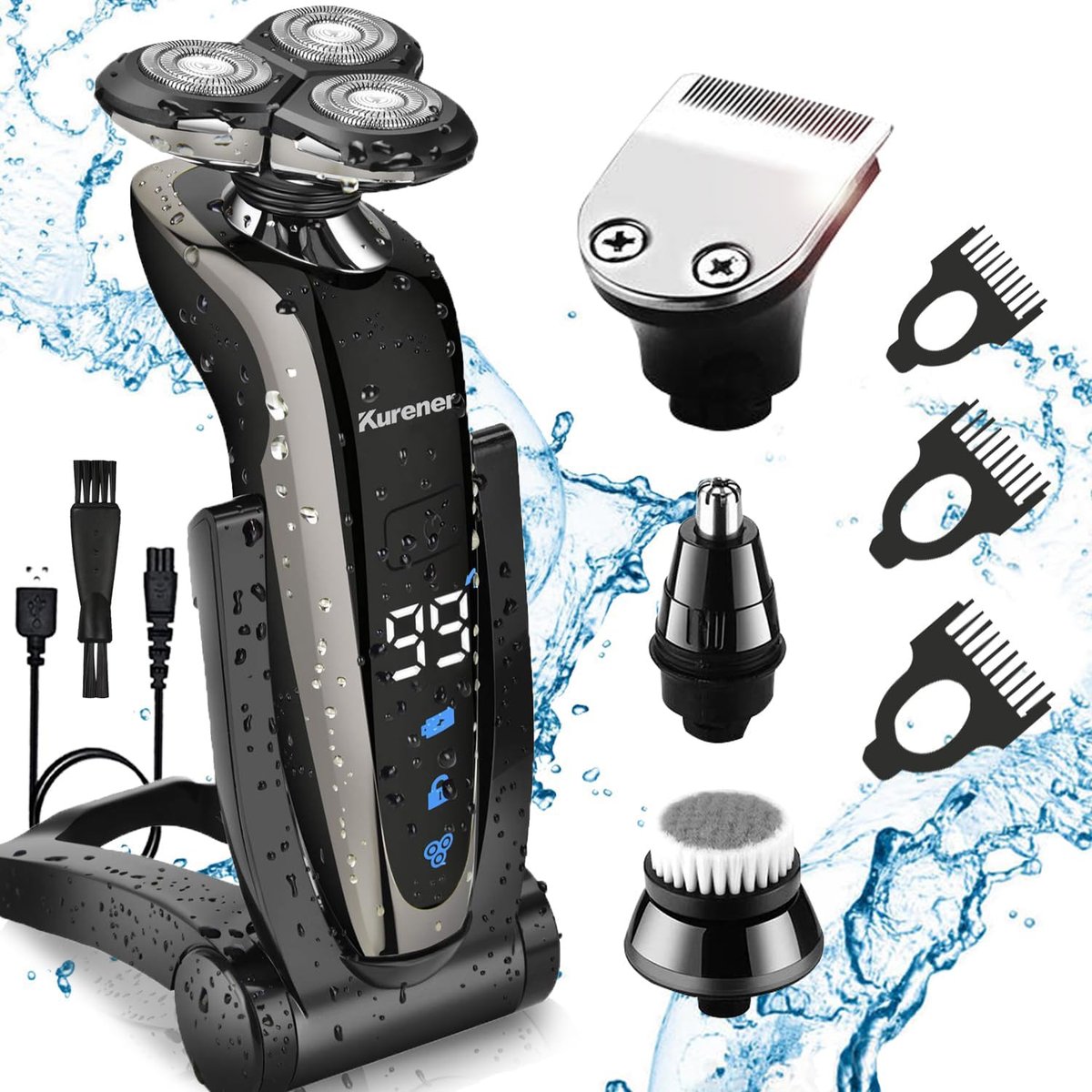 Kurener Electric Shaver for Men - Rechargeable, 100% Waterproof Rotary Razor with Nose Trimmer, Sideburns Trimmer & Face Cleaning Brush Avelisse
