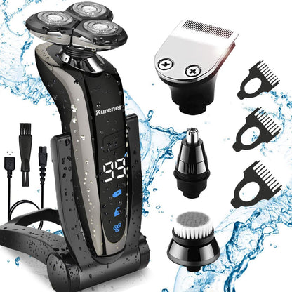 Kurener Electric Shaver for Men - Rechargeable, 100% Waterproof Rotary Razor with Nose Trimmer, Sideburns Trimmer & Face Cleaning Brush Avelisse