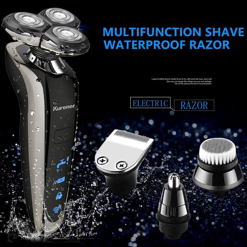Kurener Electric Shaver for Men - Rechargeable, 100% Waterproof Rotary Razor with Nose Trimmer, Sideburns Trimmer & Face Cleaning Brush Avelisse