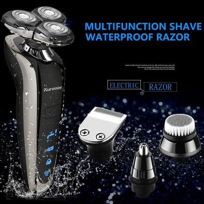 Kurener Electric Shaver for Men - Rechargeable, 100% Waterproof Rotary Razor with Nose Trimmer, Sideburns Trimmer & Face Cleaning Brush Avelisse