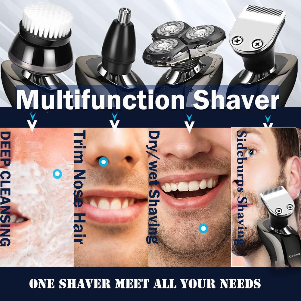 Kurener Electric Shaver for Men - Rechargeable, 100% Waterproof Rotary Razor with Nose Trimmer, Sideburns Trimmer & Face Cleaning Brush Avelisse