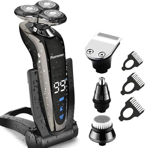 Kurener Electric Shaver for Men - Rechargeable, 100% Waterproof Rotary Razor with Nose Trimmer, Sideburns Trimmer & Face Cleaning Brush Avelisse