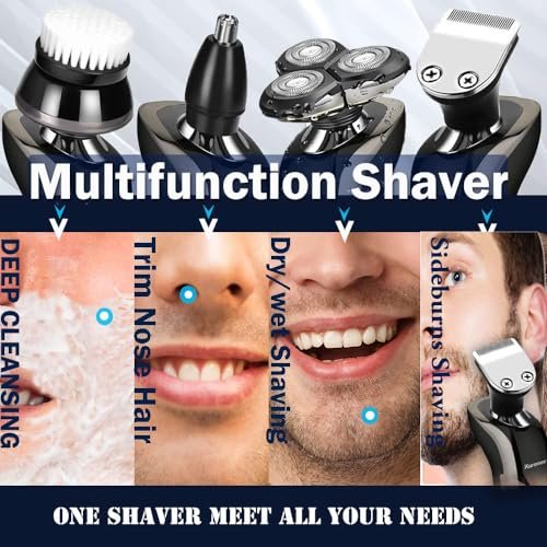 Kurener Electric Shaver for Men - Rechargeable, 100% Waterproof Rotary Razor with Nose Trimmer, Sideburns Trimmer & Face Cleaning Brush Avelisse