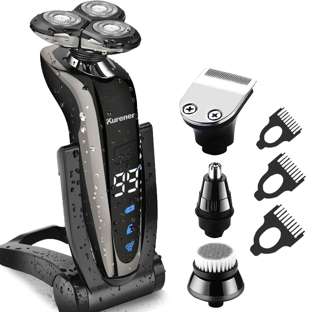 Kurener Electric Shaver for Men - Rechargeable, 100% Waterproof Rotary Razor with Nose Trimmer, Sideburns Trimmer & Face Cleaning Brush Avelisse