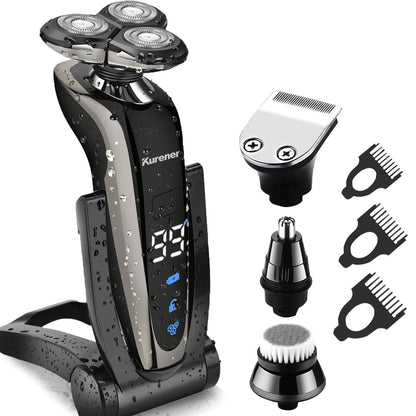 Kurener Electric Shaver for Men - Rechargeable, 100% Waterproof Rotary Razor with Nose Trimmer, Sideburns Trimmer & Face Cleaning Brush Avelisse