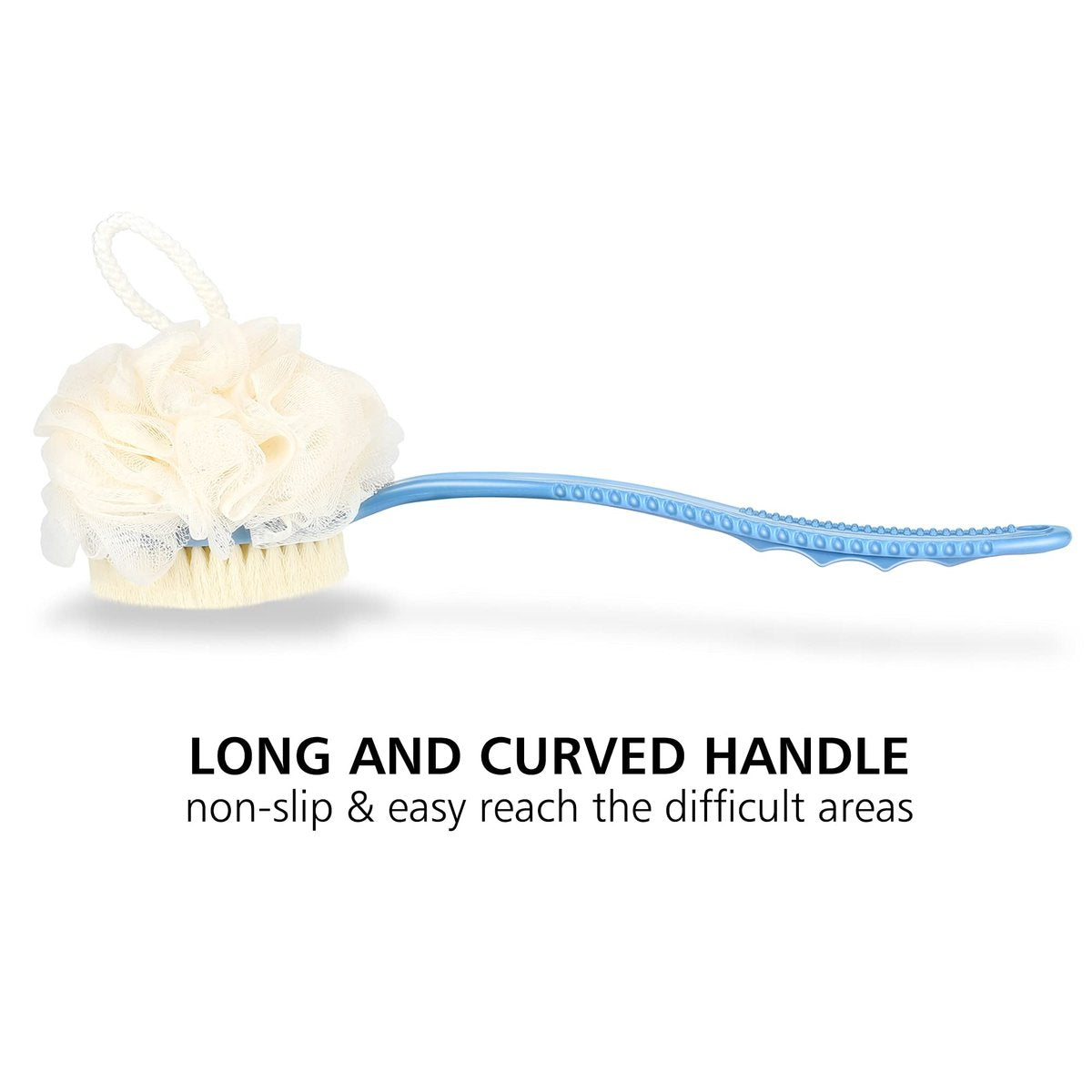 HONOMA Shower Body Brush with Bristles and Loofah – Curved Long Handle Back Scrubber for Exfoliating Bath, Massage Bristles for Wet or Dry Use, Men and Women (Grey) - görsel 7