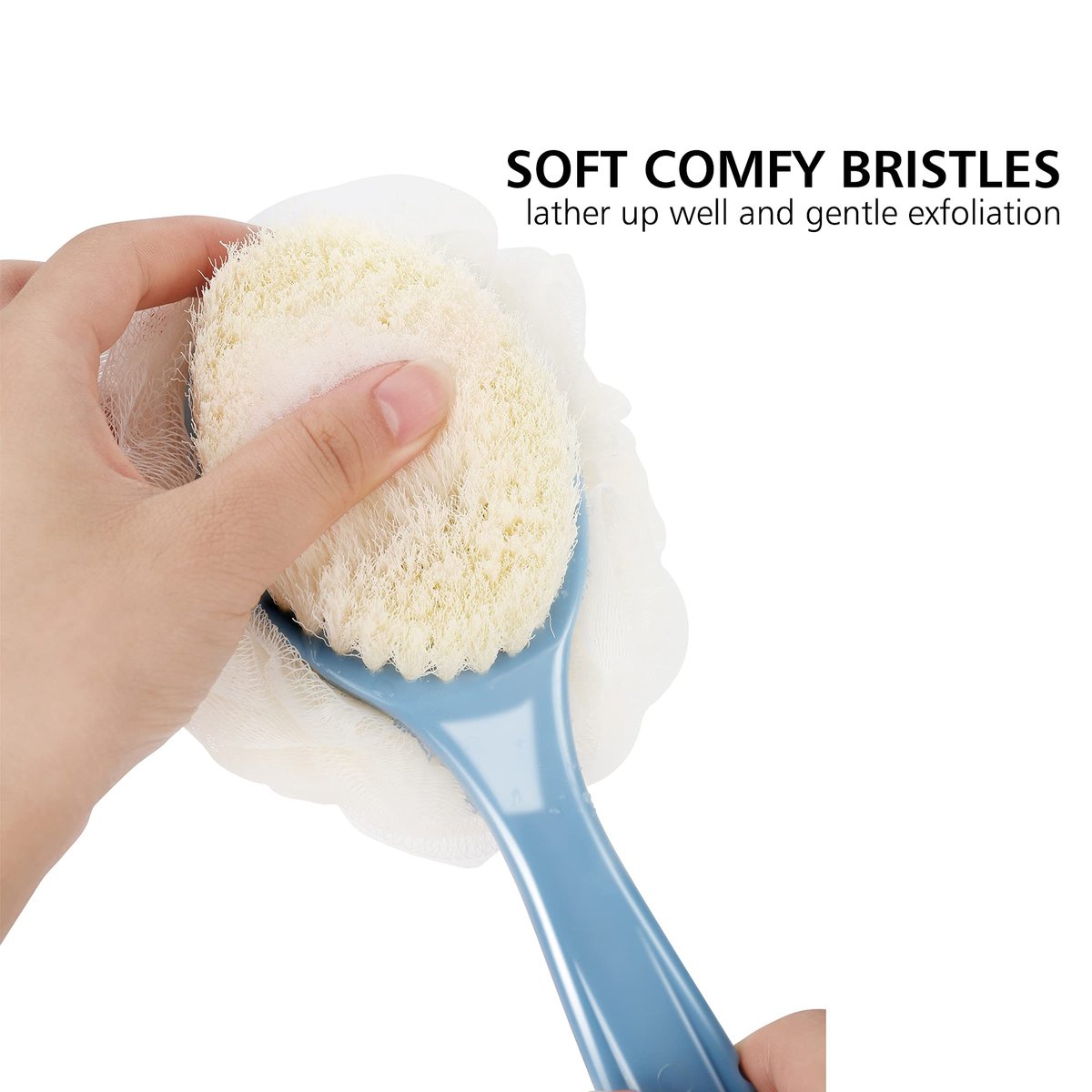 HONOMA Shower Body Brush with Bristles and Loofah – Curved Long Handle Back Scrubber for Exfoliating Bath, Massage Bristles for Wet or Dry Use, Men and Women (Grey) - görsel 3