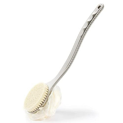 HONOMA Shower Body Brush with Bristles and Loofah – Curved Long Handle Back Scrubber for Exfoliating Bath, Massage Bristles for Wet or Dry Use, Men and Women (Grey)