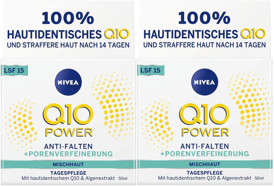 NIVEA Q10 Power Anti-Wrinkle & Pore-Refining Day Cream – Double Pack (2 × 50 ml) – Advanced Firming Moisturiser with Co-enzyme Q10, Creatine & Algae Extract for Combination Skin