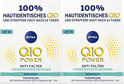 NIVEA Q10 Power Anti-Wrinkle & Pore-Refining Day Cream – Double Pack (2 × 50 ml) – Advanced Firming Moisturiser with Co-enzyme Q10, Creatine & Algae Extract for Combination Skin
