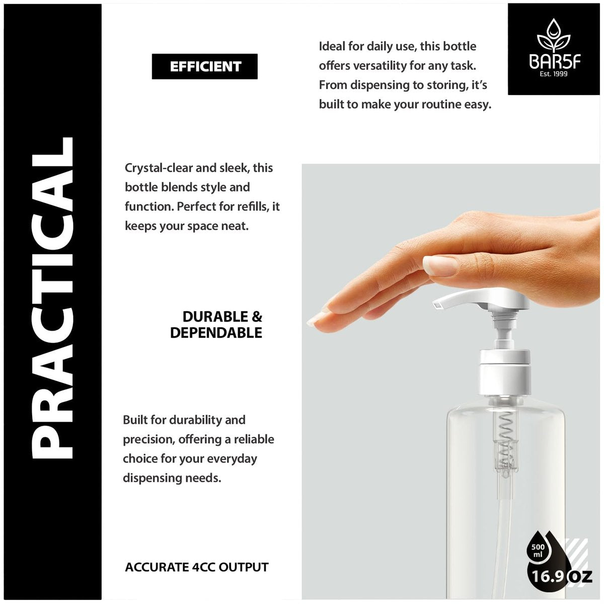 Bar5F Plastic Lotion Bottles with Black & White Pumps, 16 oz (Pack of 2) - Leak Proof, Refillable, BPA Free Clear Cylinder for Shampoo, Moisturizer, Hand Soap Avelisse