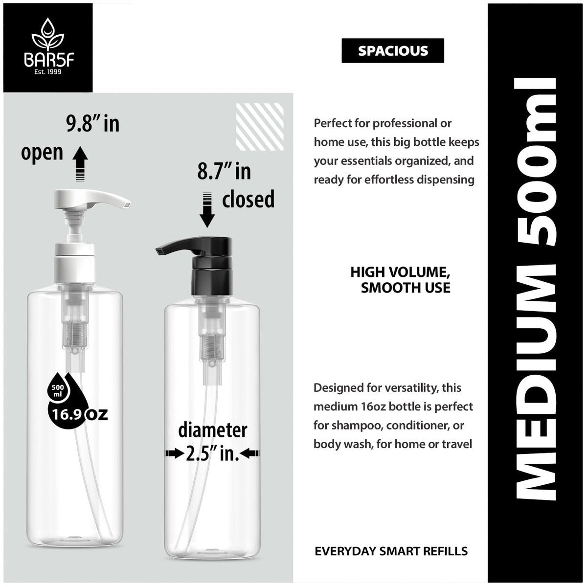 Bar5F Plastic Lotion Bottles with Black & White Pumps, 16 oz (Pack of 2) - Leak Proof, Refillable, BPA Free Clear Cylinder for Shampoo, Moisturizer, Hand Soap Avelisse
