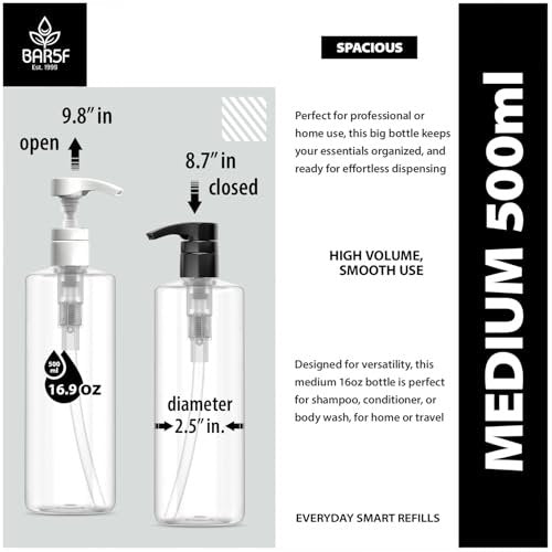 Bar5F Plastic Lotion Bottles with Black & White Pumps, 16 oz (Pack of 2) - Leak Proof, Refillable, BPA Free Clear Cylinder for Shampoo, Moisturizer, Hand Soap Avelisse