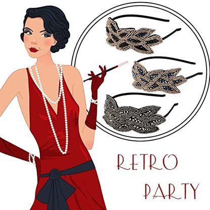 Tatuo 3 Piece 1920s Flapper Headband Set – Vintage Rhinestone Beaded Leaf Hair Accessories for Women