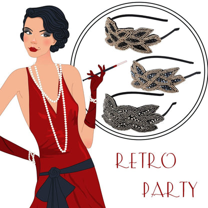 Tatuo 3 Piece 1920s Flapper Headband Set – Vintage Rhinestone Beaded Leaf Hair Accessories for Women