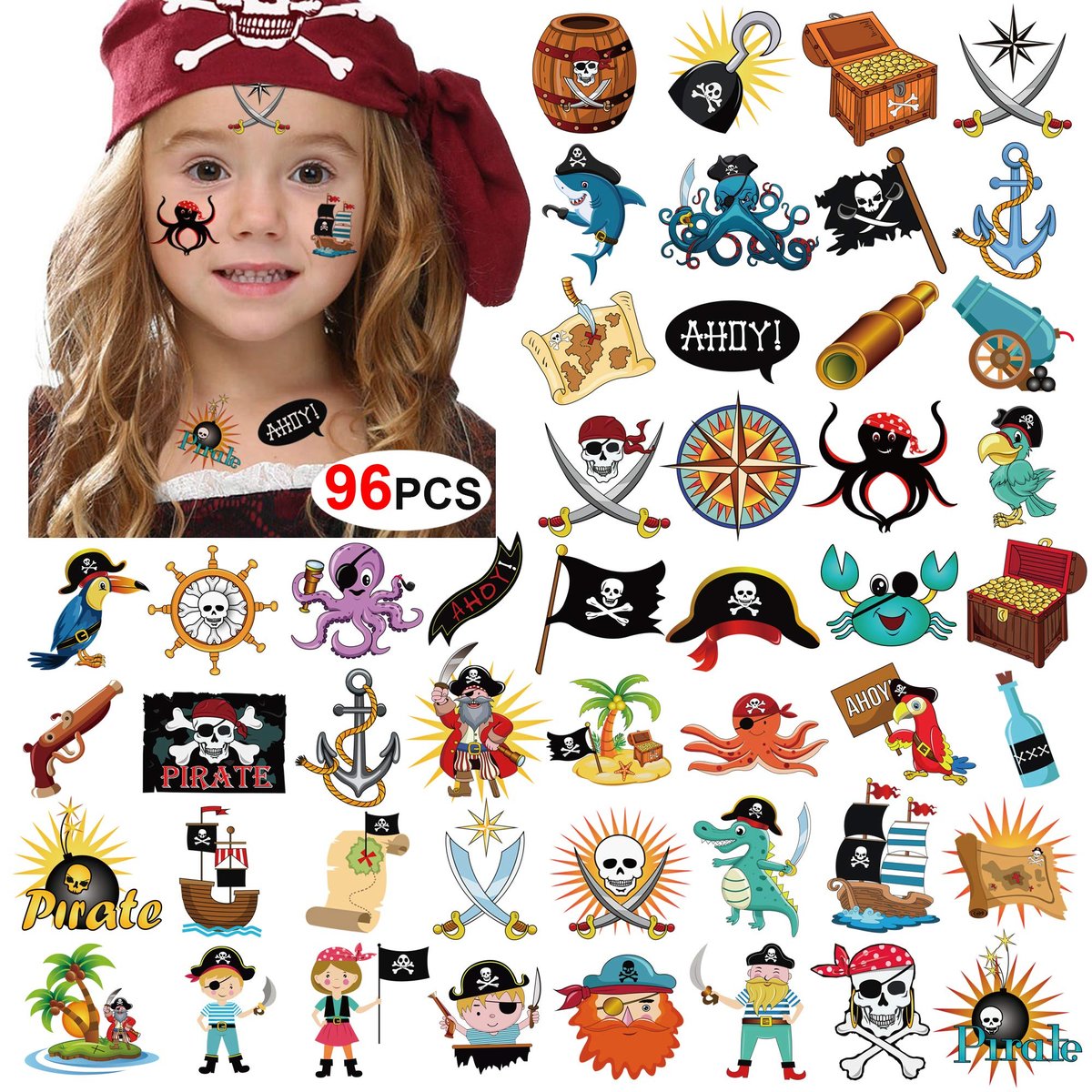96-Piece Pirate Temporary Tattoos for Kids - Konsait Neverland Pirate Themed Body Stickers for Birthday Party Favors & Supplies - görsel 1