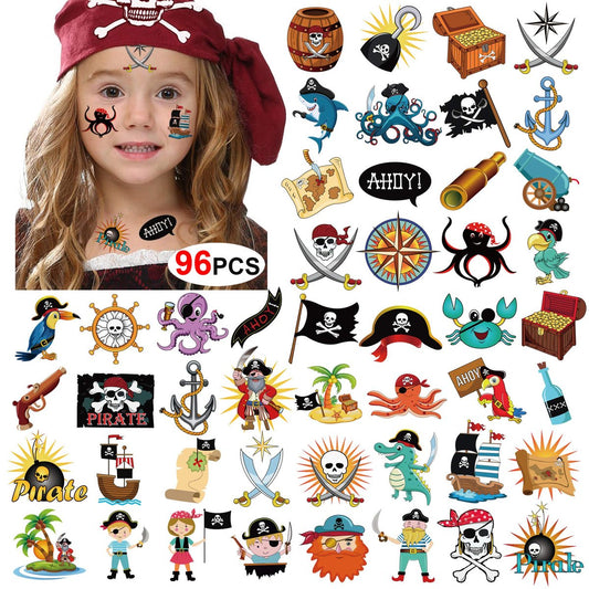 96-Piece Pirate Temporary Tattoos for Kids - Konsait Neverland Pirate Themed Body Stickers for Birthday Party Favors & Supplies