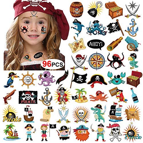 96-Piece Pirate Temporary Tattoos for Kids - Konsait Neverland Pirate Themed Body Stickers for Birthday Party Favors & Supplies - görsel 2