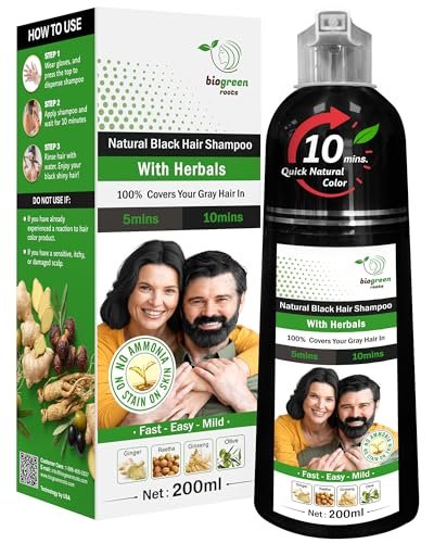 BIOGREEN ROOTS Ammonia-Free & Paraben Free Herbal Hair Shampoo - Natural Black Hair Dye Shampoo for Women & Men - 200 ml Avelisse