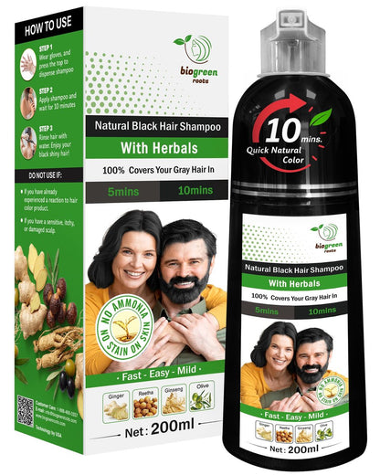 BIOGREEN ROOTS Ammonia-Free & Paraben Free Herbal Hair Shampoo - Natural Black Hair Dye Shampoo for Women & Men - 200 ml Avelisse