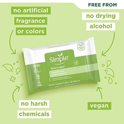 Simple Kind to Skin Facial Wipes – Gentle & Effective Makeup Remover Cleansing Wipes, 25 Count