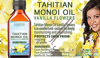 Lenoux Botanical Tahitian Monoi Oil Vanilla - 100% Pure Moisturizer for Face, Body, Hair, Lips & Nails, 3.33 Fl Oz (100 ml)