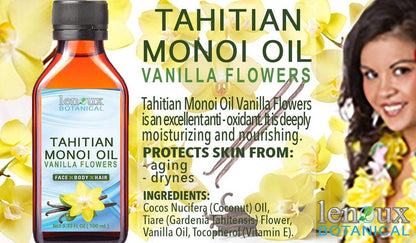 Lenoux Botanical Tahitian Monoi Oil Vanilla - 100% Pure Moisturizer for Face, Body, Hair, Lips & Nails, 3.33 Fl Oz (100 ml)
