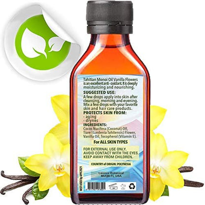 Lenoux Botanical Tahitian Monoi Oil Vanilla - 100% Pure Moisturizer for Face, Body, Hair, Lips & Nails, 3.33 Fl Oz (100 ml)