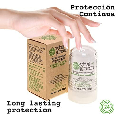Vital Green Crystal Potassium Alum Deodorant - Unscented Natural Mineral Deodorant for Men, Women, and Athletes - 2.12oz (60g)
