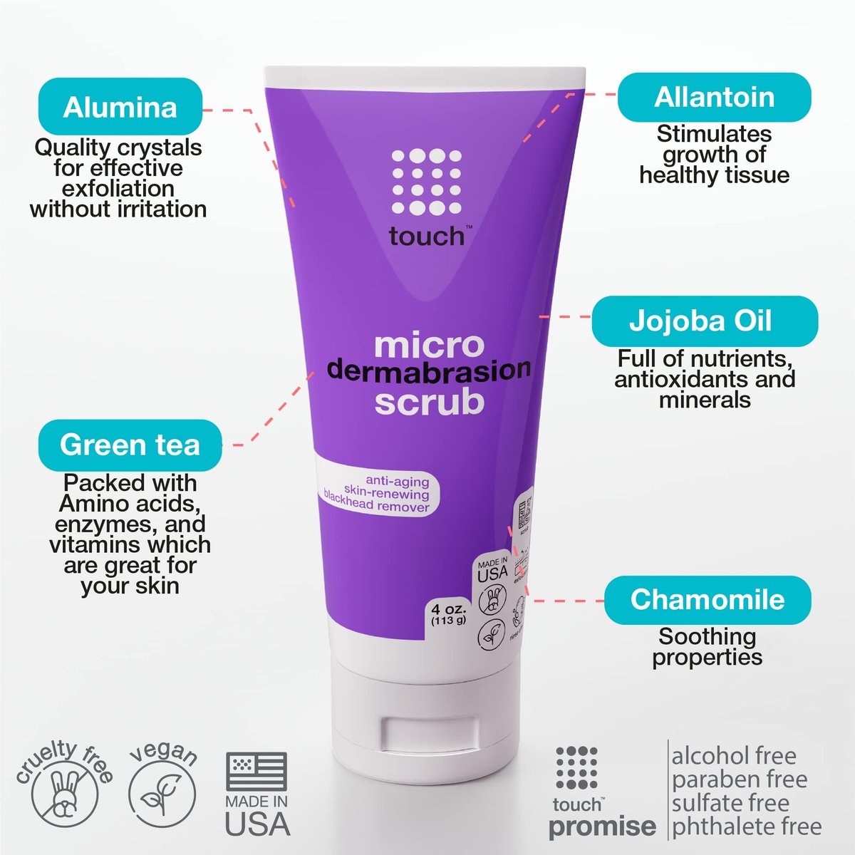 TOUCH Microdermabrasion Facial Scrub & Face Exfoliator – Dermatologist Grade Crystals for Anti-Aging, Wrinkles, Dullness & Pores – Large 4 oz Avelisse