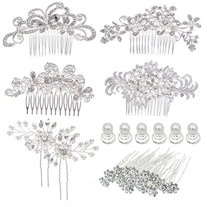 32 Pack Silver Wedding Hair Combs and Bridal Hair Pins Set with Rhinestones & Pearls - inSowni Avelisse