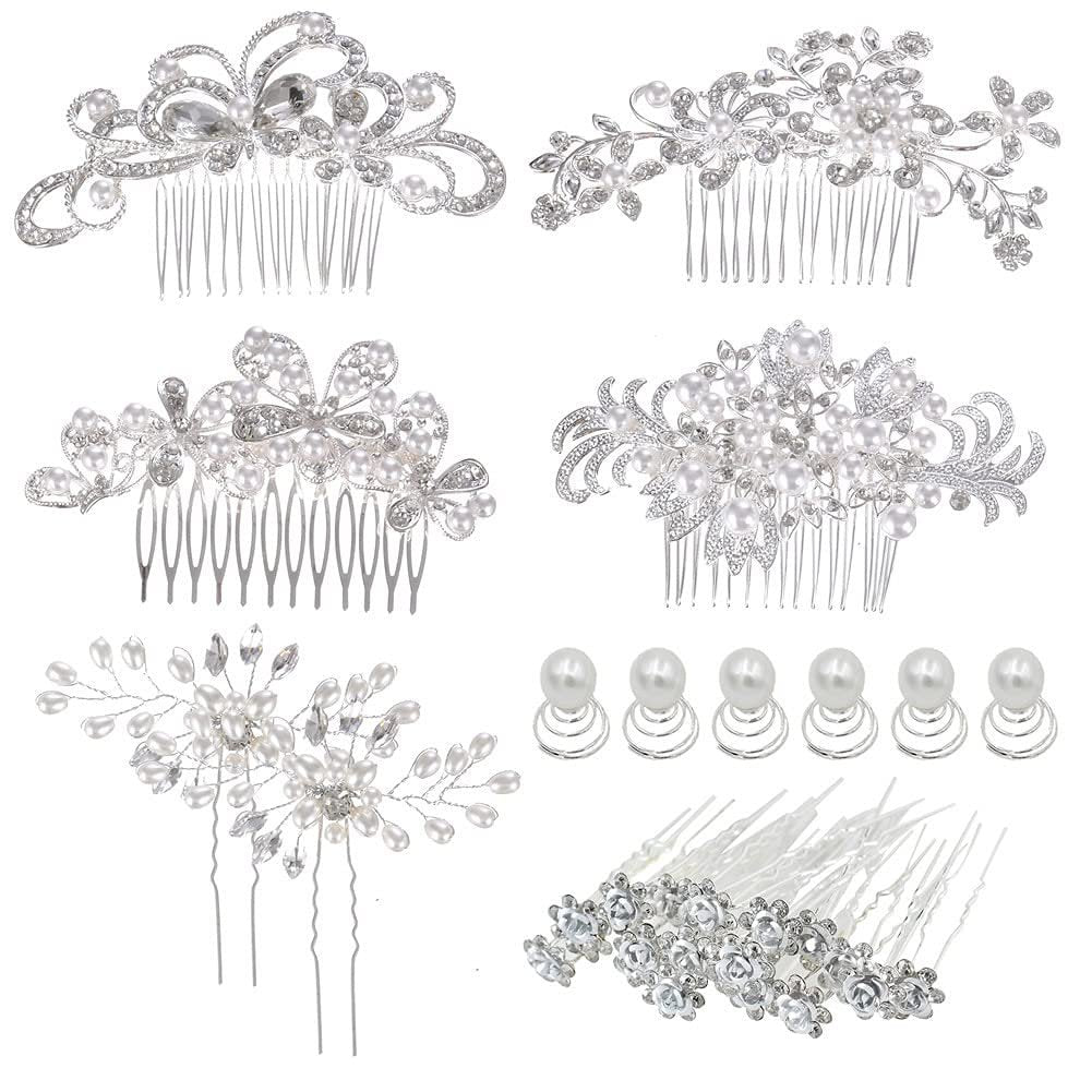32 Pack Silver Wedding Hair Combs and Bridal Hair Pins Set with Rhinestones & Pearls - inSowni Avelisse