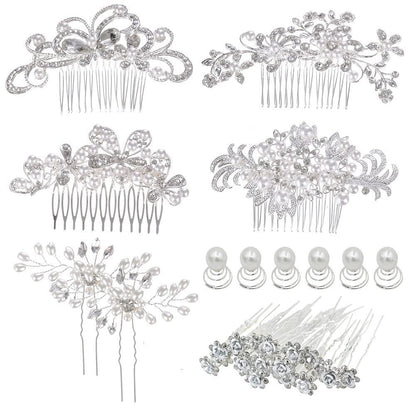 32 Pack Silver Wedding Hair Combs and Bridal Hair Pins Set with Rhinestones & Pearls - inSowni Avelisse