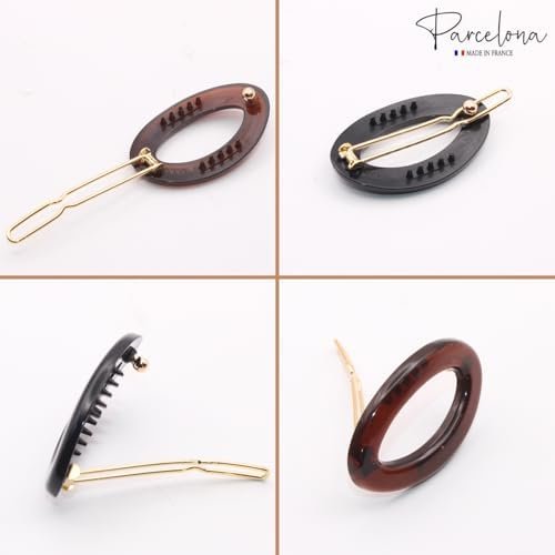 Parcelona French Eggie Oval Shell Black Mini Celluloid Acetate Side Slide Barrette Snap on Hair Clips - 4 Pieces Avelisse