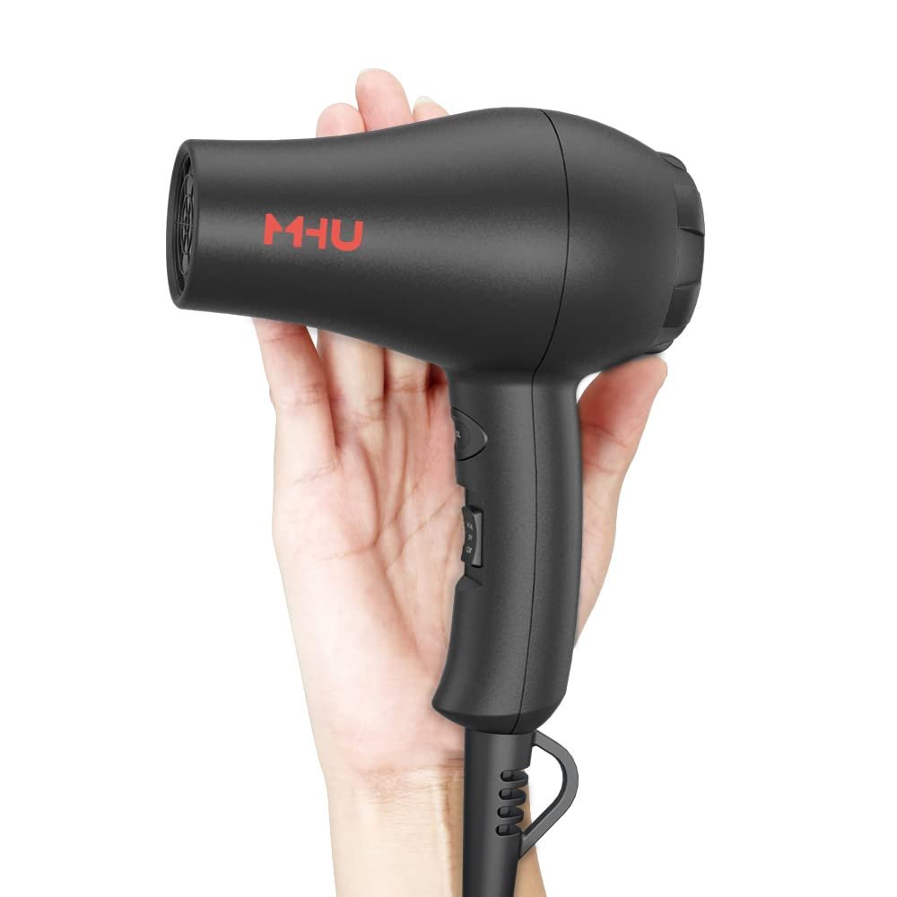 Travel Mini Hair Dryer - Ceramic Ionic 1000 Watts, Lightweight Blow Dryer for RV with 2 Speeds and Concentrator, Black Avelisse