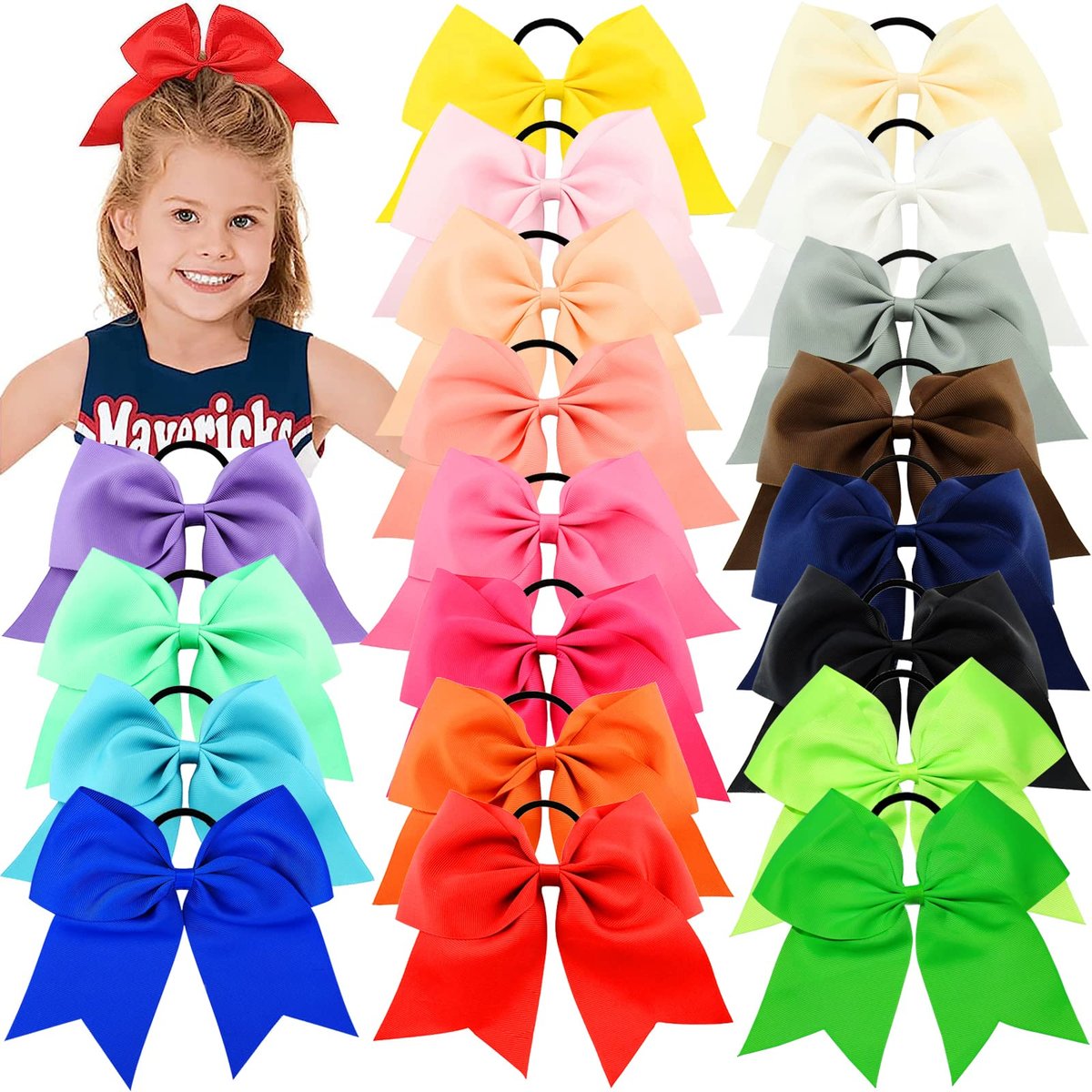 WillingTee 20-Pack 8-Inch Large Cheer Bows for Girls – Grosgrain Ribbon Ponytail Holders, Elastic Hair Ties for Cheerleaders, School, and Daily Wear Avelisse