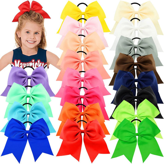 WillingTee 20-Pack 8-Inch Large Cheer Bows for Girls – Grosgrain Ribbon Ponytail Holders, Elastic Hair Ties for Cheerleaders, School, and Daily Wear Avelisse