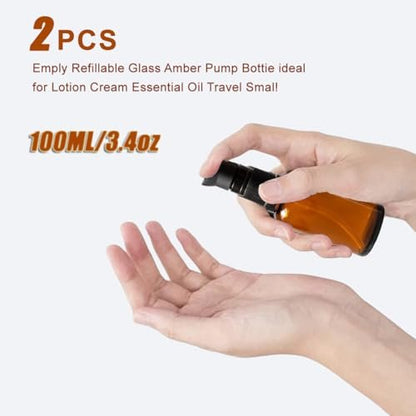 TUPWEL 2-Pack Amber Glass Refillable Pump Lotion Bottles - 100ml/3.4oz for Makeup Foundation, Skin Care Cream, Essential Oils