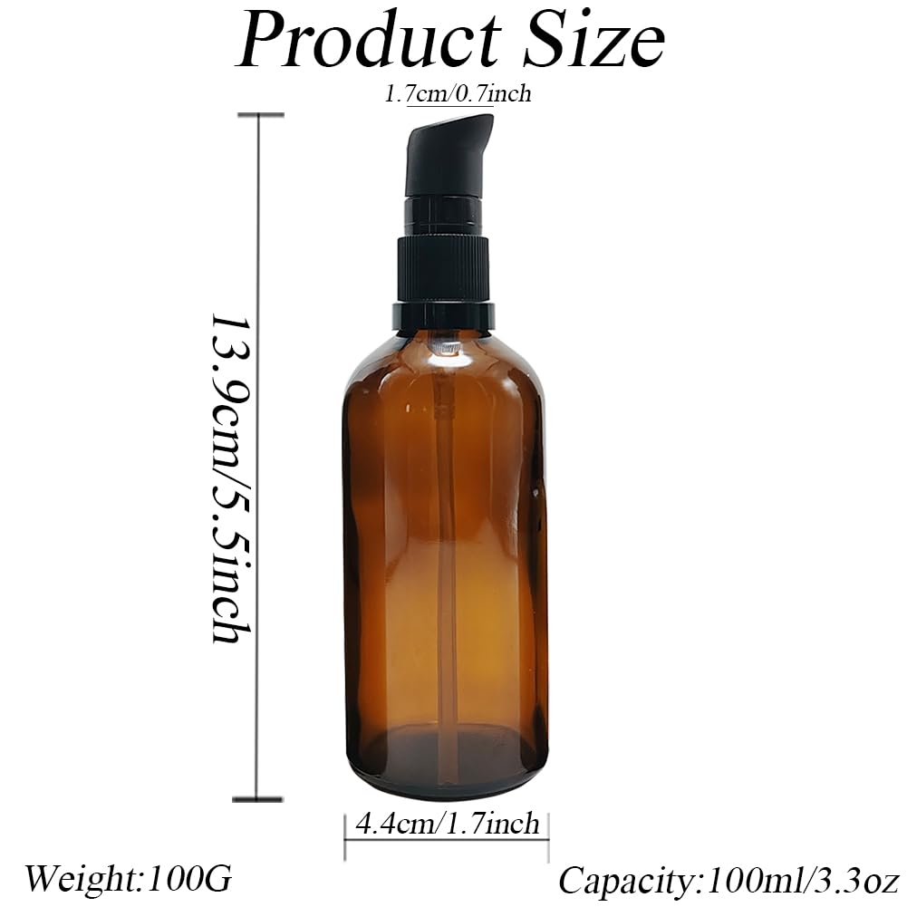 TUPWEL 2-Pack Amber Glass Refillable Pump Lotion Bottles - 100ml/3.4oz for Makeup Foundation, Skin Care Cream, Essential Oils - görsel 3