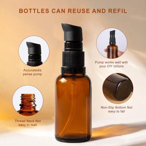 TUPWEL 2-Pack Amber Glass Refillable Pump Lotion Bottles - 100ml/3.4oz for Makeup Foundation, Skin Care Cream, Essential Oils - görsel 6