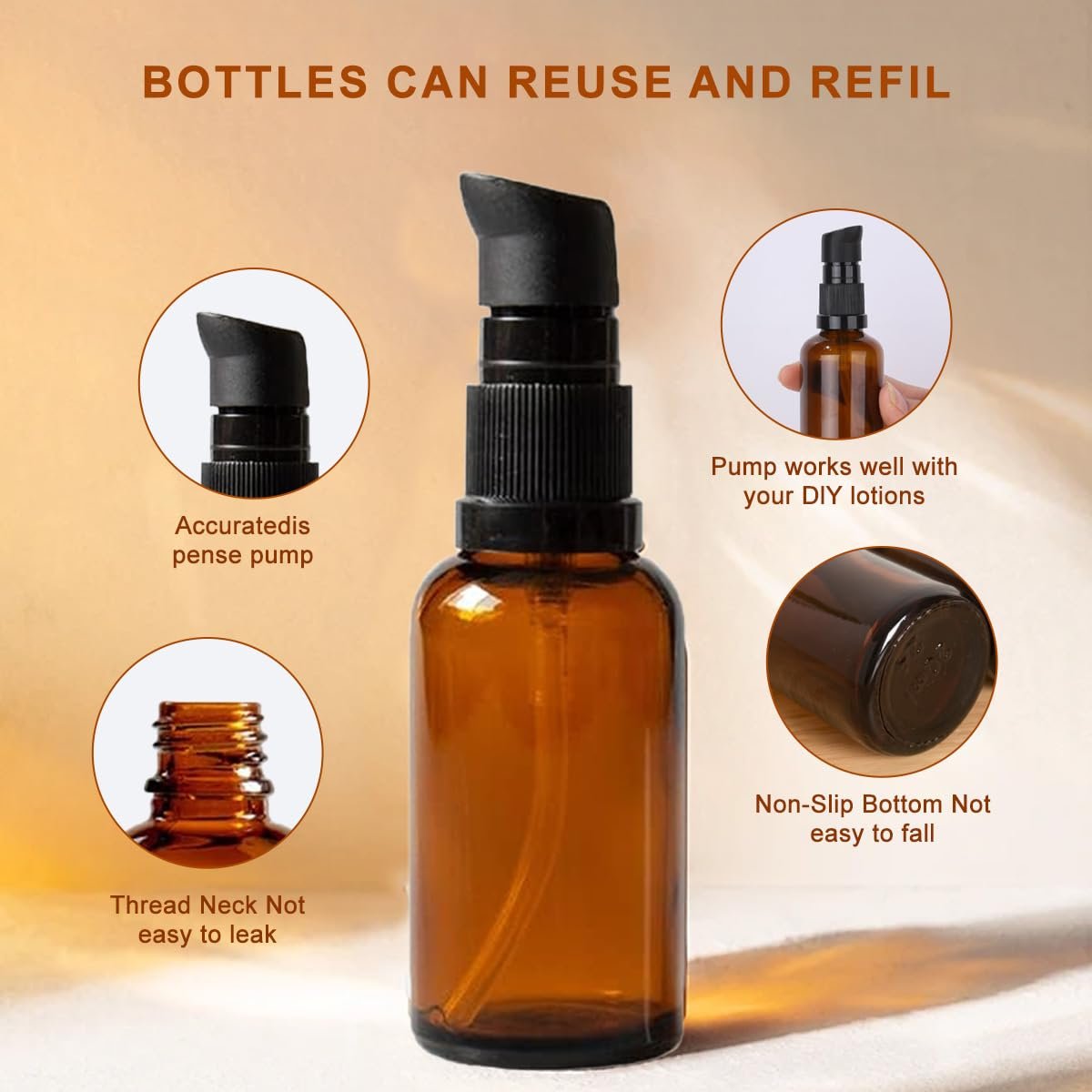 TUPWEL 2-Pack Amber Glass Refillable Pump Lotion Bottles - 100ml/3.4oz for Makeup Foundation, Skin Care Cream, Essential Oils - görsel 5