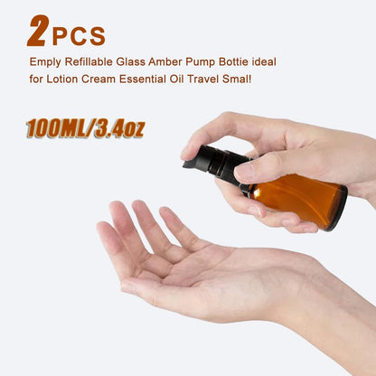 TUPWEL 2-Pack Amber Glass Refillable Pump Lotion Bottles - 100ml/3.4oz for Makeup Foundation, Skin Care Cream, Essential Oils