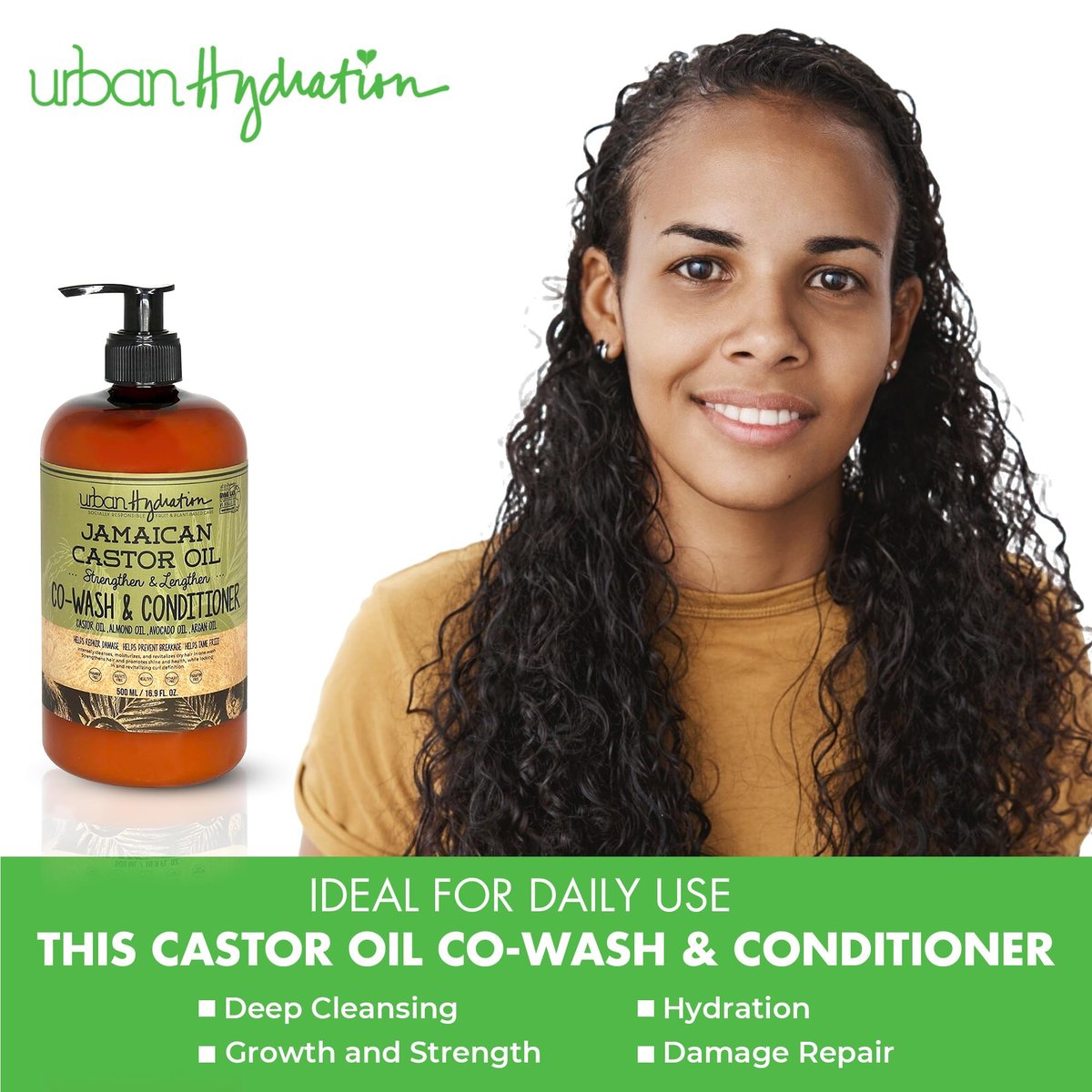 Urban Hydration Jamaican Castor Oil Co-Wash and Conditioner - Sulfate, Paraben & Dye Free - Cleanses, Hydrates & Repairs Damage for Soft, Strong & Shiny Hair - All Hair Types - 16.9 Fl Oz Avelisse